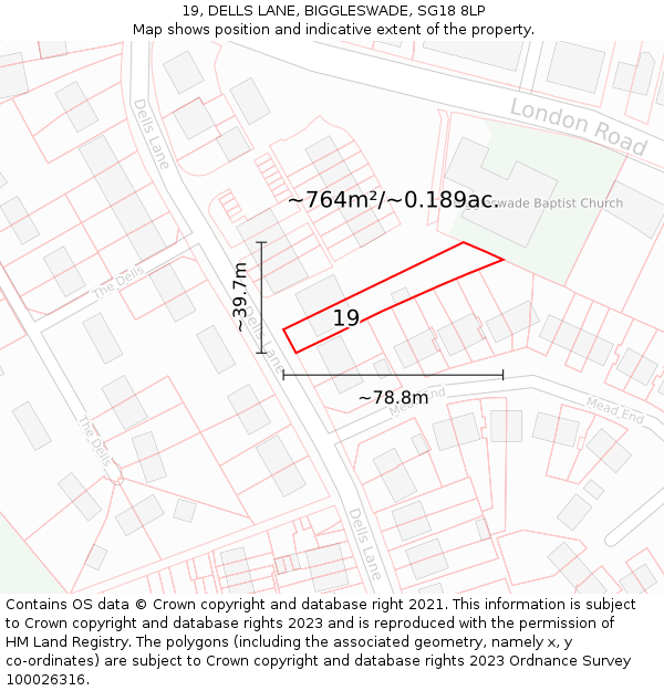 19, DELLS LANE, BIGGLESWADE, SG18 8LP: Plot and title map