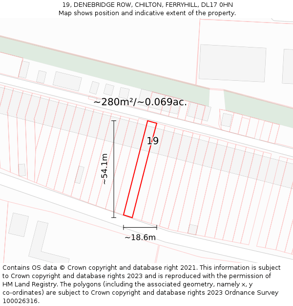19, DENEBRIDGE ROW, CHILTON, FERRYHILL, DL17 0HN: Plot and title map