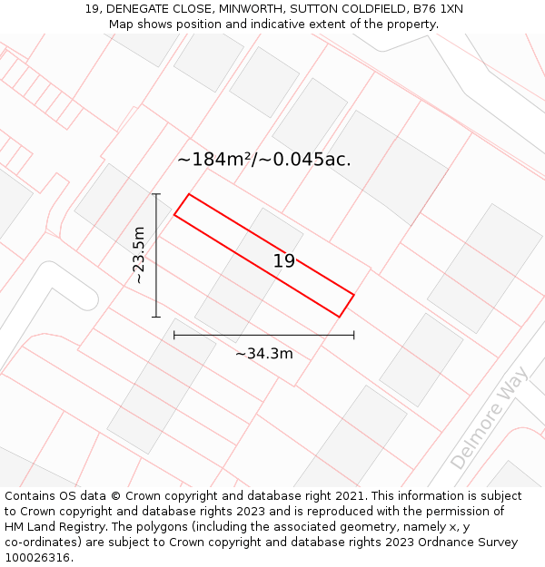 19, DENEGATE CLOSE, MINWORTH, SUTTON COLDFIELD, B76 1XN: Plot and title map