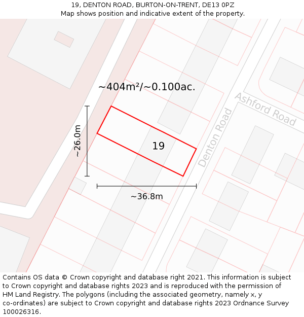 19, DENTON ROAD, BURTON-ON-TRENT, DE13 0PZ: Plot and title map