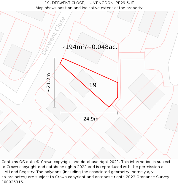 19, DERWENT CLOSE, HUNTINGDON, PE29 6UT: Plot and title map