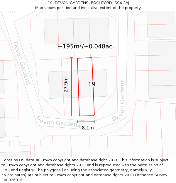 19, DEVON GARDENS, ROCHFORD, SS4 3AJ: Plot and title map
