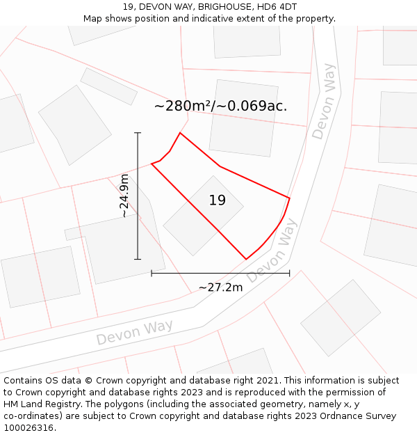 19, DEVON WAY, BRIGHOUSE, HD6 4DT: Plot and title map