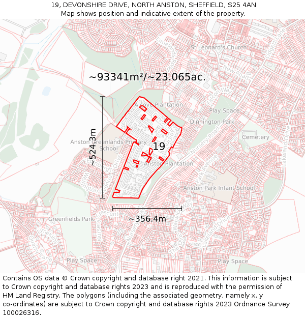 19, DEVONSHIRE DRIVE, NORTH ANSTON, SHEFFIELD, S25 4AN: Plot and title map