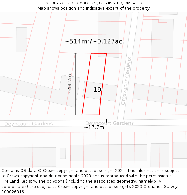19, DEYNCOURT GARDENS, UPMINSTER, RM14 1DF: Plot and title map