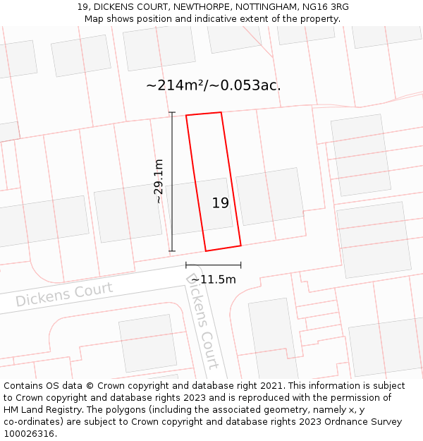 19, DICKENS COURT, NEWTHORPE, NOTTINGHAM, NG16 3RG: Plot and title map
