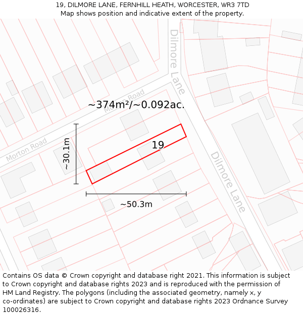 19, DILMORE LANE, FERNHILL HEATH, WORCESTER, WR3 7TD: Plot and title map