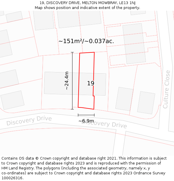 19, DISCOVERY DRIVE, MELTON MOWBRAY, LE13 1NJ: Plot and title map