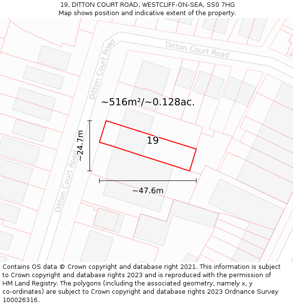 19, DITTON COURT ROAD, WESTCLIFF-ON-SEA, SS0 7HG: Plot and title map
