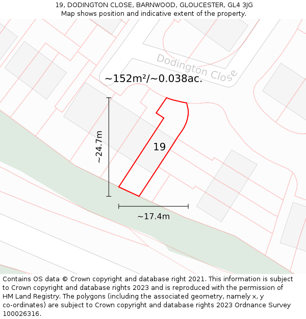 19, DODINGTON CLOSE, BARNWOOD, GLOUCESTER, GL4 3JG: Plot and title map