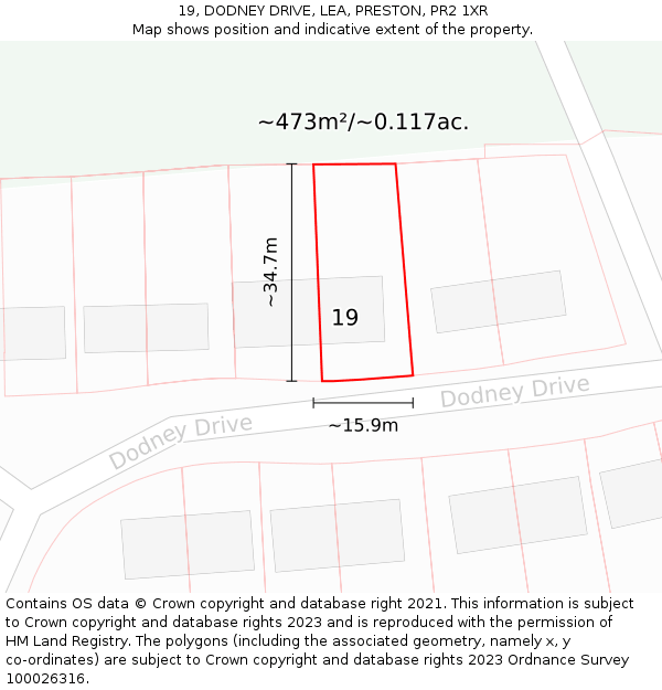 19, DODNEY DRIVE, LEA, PRESTON, PR2 1XR: Plot and title map