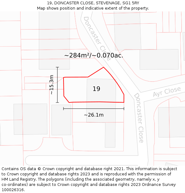 19, DONCASTER CLOSE, STEVENAGE, SG1 5RY: Plot and title map