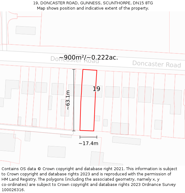 19, DONCASTER ROAD, GUNNESS, SCUNTHORPE, DN15 8TG: Plot and title map