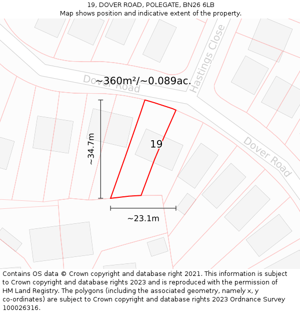 19, DOVER ROAD, POLEGATE, BN26 6LB: Plot and title map