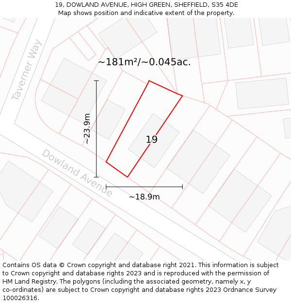 19, DOWLAND AVENUE, HIGH GREEN, SHEFFIELD, S35 4DE: Plot and title map