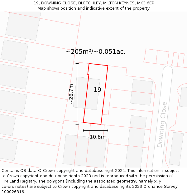 19, DOWNING CLOSE, BLETCHLEY, MILTON KEYNES, MK3 6EP: Plot and title map