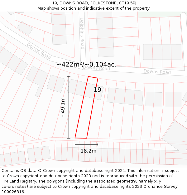 19, DOWNS ROAD, FOLKESTONE, CT19 5PJ: Plot and title map