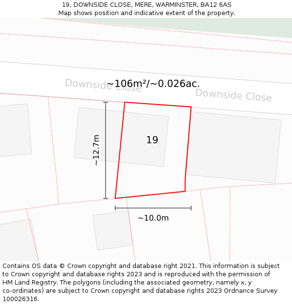 19, DOWNSIDE CLOSE, MERE, WARMINSTER, BA12 6AS: Plot and title map