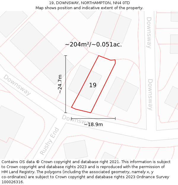 19, DOWNSWAY, NORTHAMPTON, NN4 0TD: Plot and title map