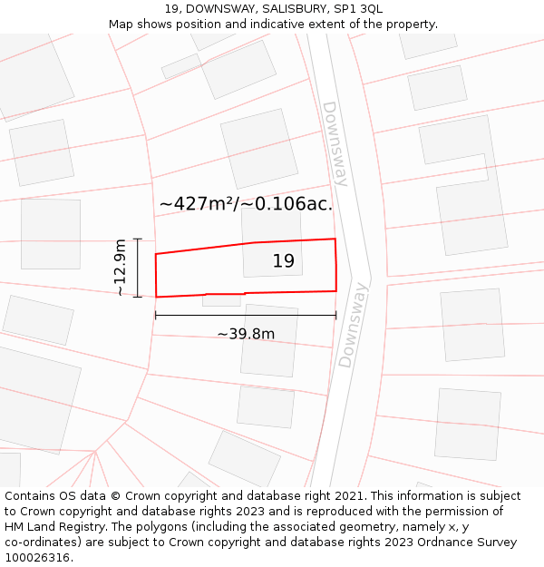 19, DOWNSWAY, SALISBURY, SP1 3QL: Plot and title map