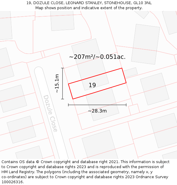 19, DOZULE CLOSE, LEONARD STANLEY, STONEHOUSE, GL10 3NL: Plot and title map
