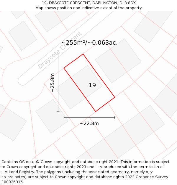 19, DRAYCOTE CRESCENT, DARLINGTON, DL3 8DX: Plot and title map