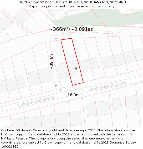 19, DUKESWOOD DRIVE, DIBDEN PURLIEU, SOUTHAMPTON, SO45 4NH: Plot and title map