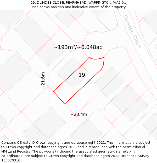 19, DUNDEE CLOSE, FEARNHEAD, WARRINGTON, WA2 0UJ: Plot and title map