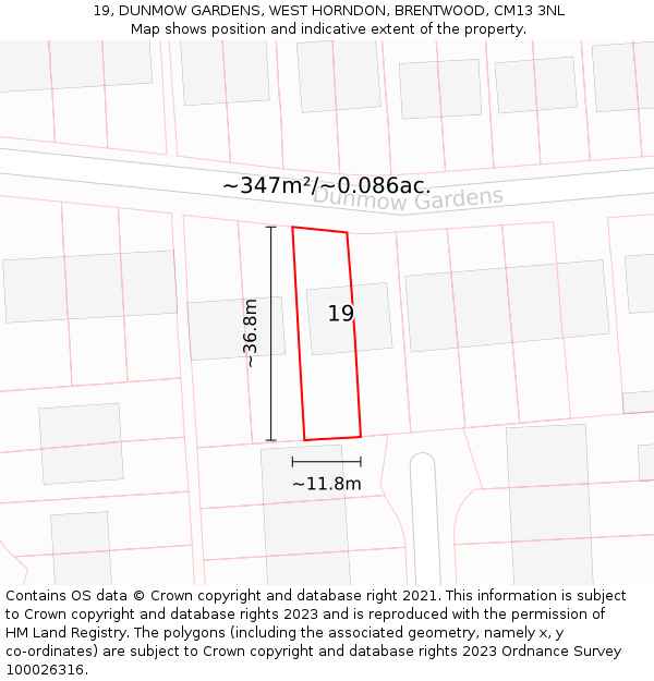 19, DUNMOW GARDENS, WEST HORNDON, BRENTWOOD, CM13 3NL: Plot and title map
