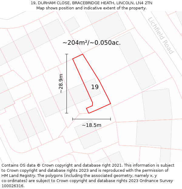 19, DURHAM CLOSE, BRACEBRIDGE HEATH, LINCOLN, LN4 2TN: Plot and title map