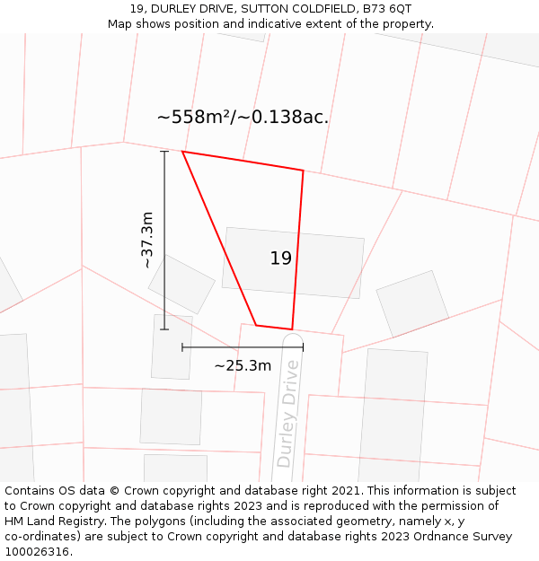 19, DURLEY DRIVE, SUTTON COLDFIELD, B73 6QT: Plot and title map
