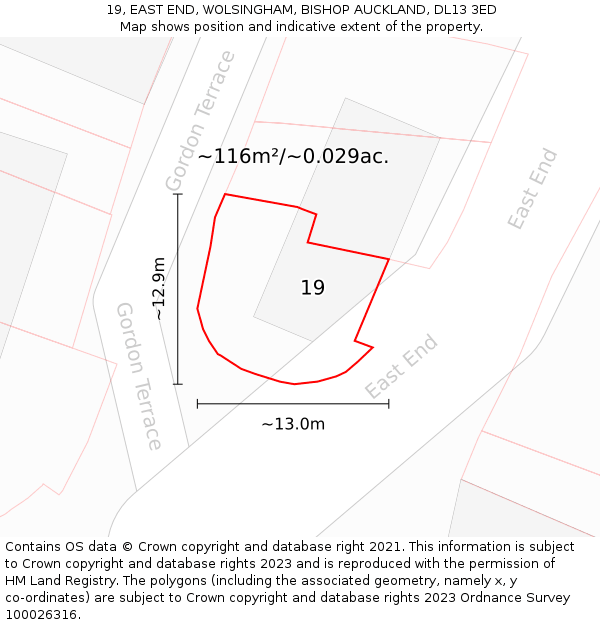 19, EAST END, WOLSINGHAM, BISHOP AUCKLAND, DL13 3ED: Plot and title map