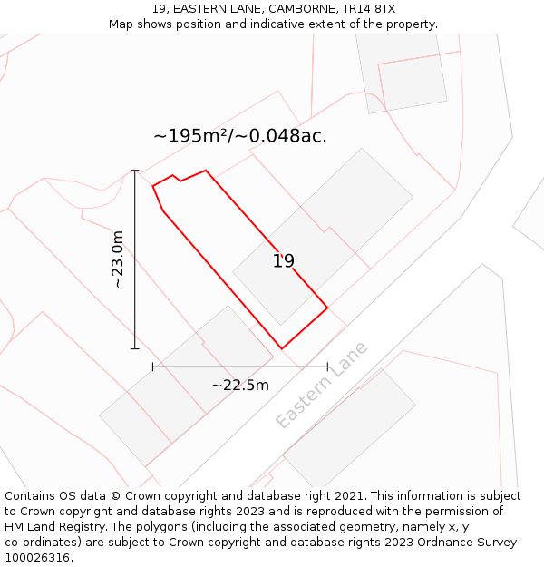 19, EASTERN LANE, CAMBORNE, TR14 8TX: Plot and title map