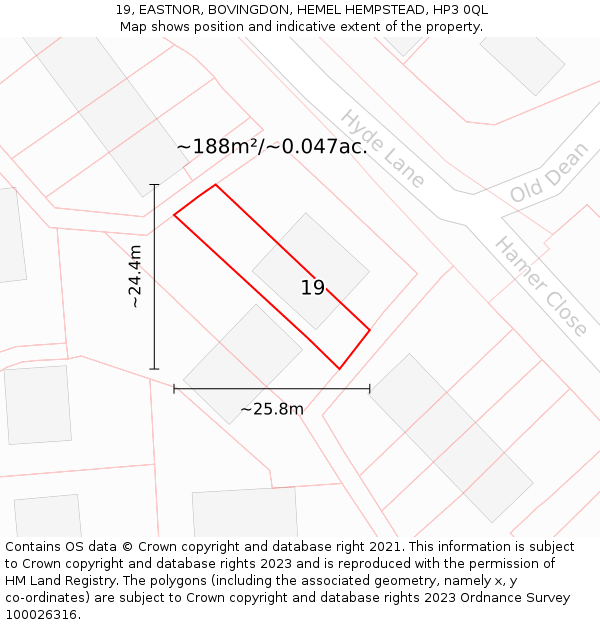 19, EASTNOR, BOVINGDON, HEMEL HEMPSTEAD, HP3 0QL: Plot and title map