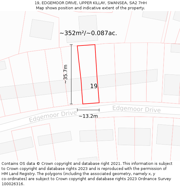19, EDGEMOOR DRIVE, UPPER KILLAY, SWANSEA, SA2 7HH: Plot and title map