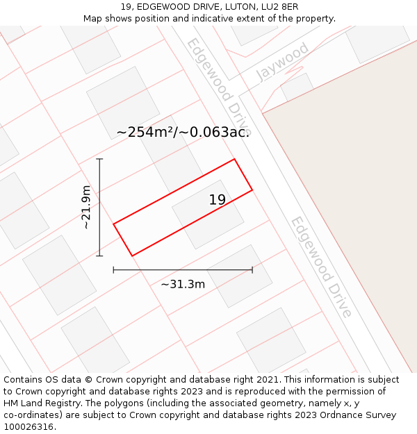 19, EDGEWOOD DRIVE, LUTON, LU2 8ER: Plot and title map