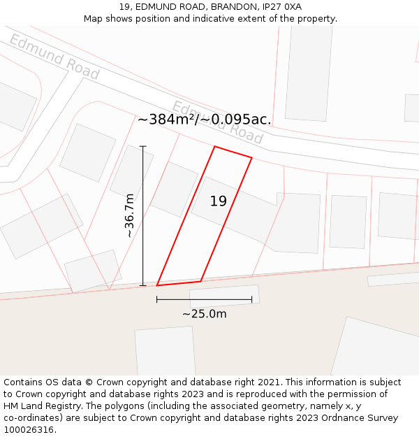 19, EDMUND ROAD, BRANDON, IP27 0XA: Plot and title map