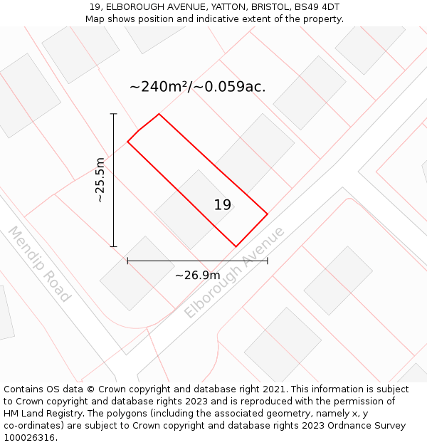 19, ELBOROUGH AVENUE, YATTON, BRISTOL, BS49 4DT: Plot and title map