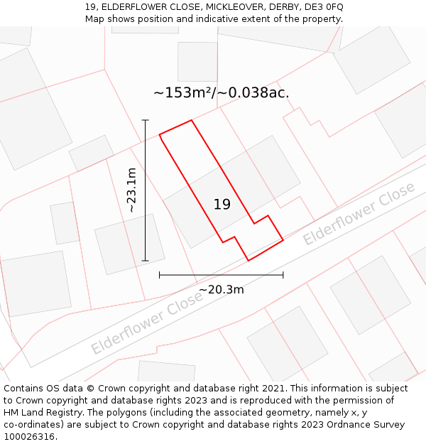 19, ELDERFLOWER CLOSE, MICKLEOVER, DERBY, DE3 0FQ: Plot and title map