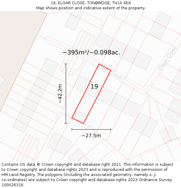 19, ELGAR CLOSE, TONBRIDGE, TN10 4EA: Plot and title map