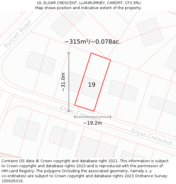 19, ELGAR CRESCENT, LLANRUMNEY, CARDIFF, CF3 5RU: Plot and title map