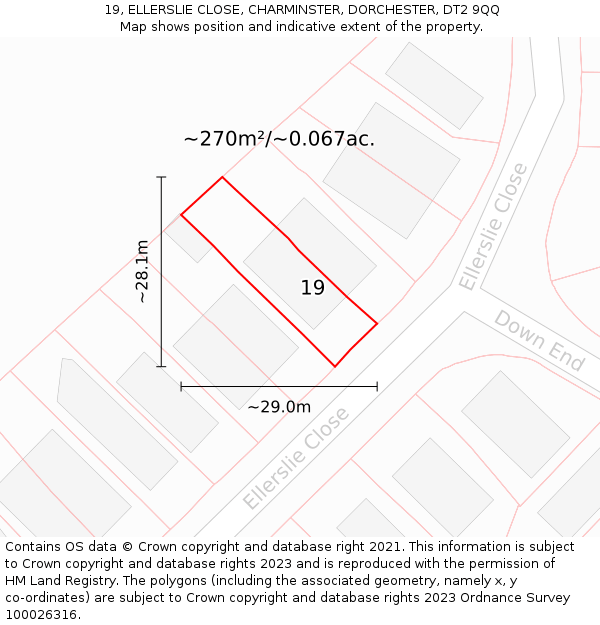 19, ELLERSLIE CLOSE, CHARMINSTER, DORCHESTER, DT2 9QQ: Plot and title map
