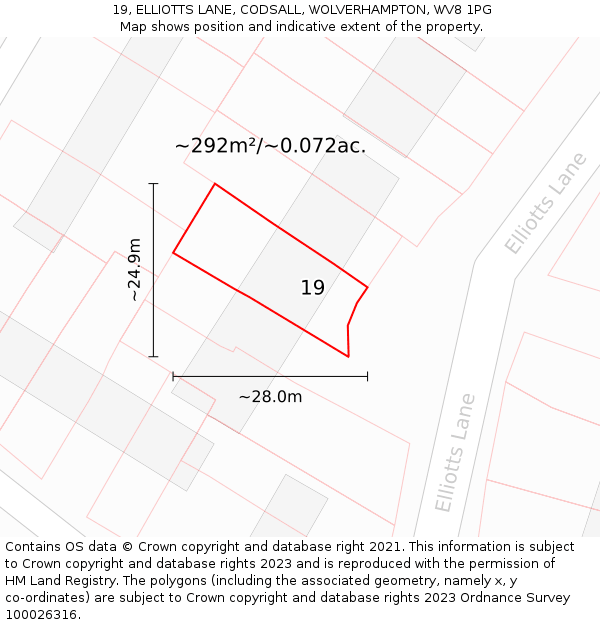 19, ELLIOTTS LANE, CODSALL, WOLVERHAMPTON, WV8 1PG: Plot and title map