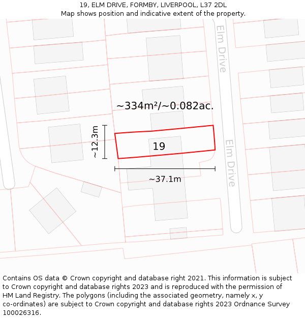 19, ELM DRIVE, FORMBY, LIVERPOOL, L37 2DL: Plot and title map