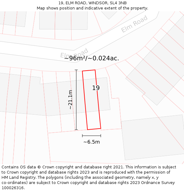 19, ELM ROAD, WINDSOR, SL4 3NB: Plot and title map