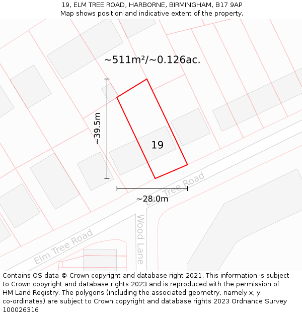 19, ELM TREE ROAD, HARBORNE, BIRMINGHAM, B17 9AP: Plot and title map