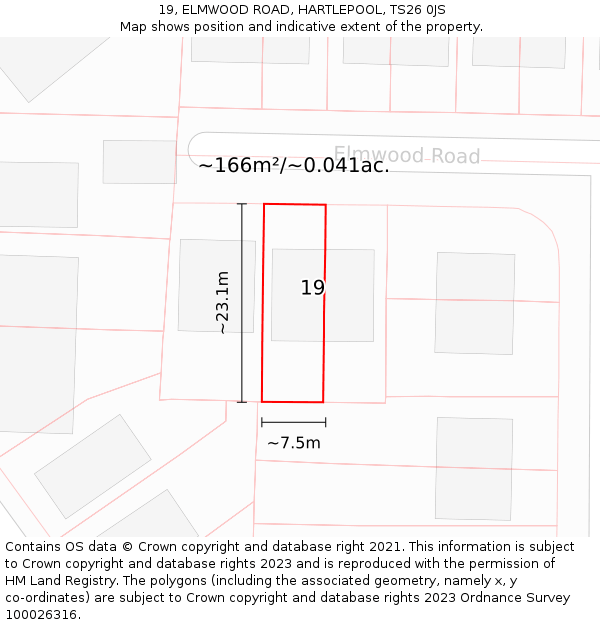 19, ELMWOOD ROAD, HARTLEPOOL, TS26 0JS: Plot and title map