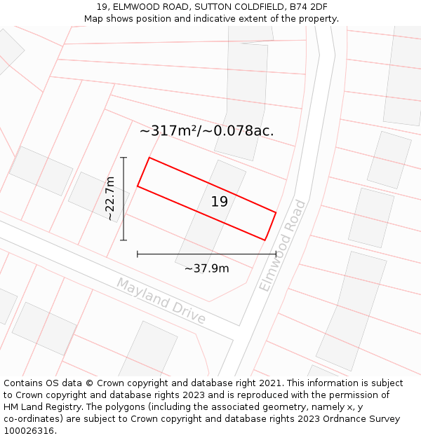 19, ELMWOOD ROAD, SUTTON COLDFIELD, B74 2DF: Plot and title map