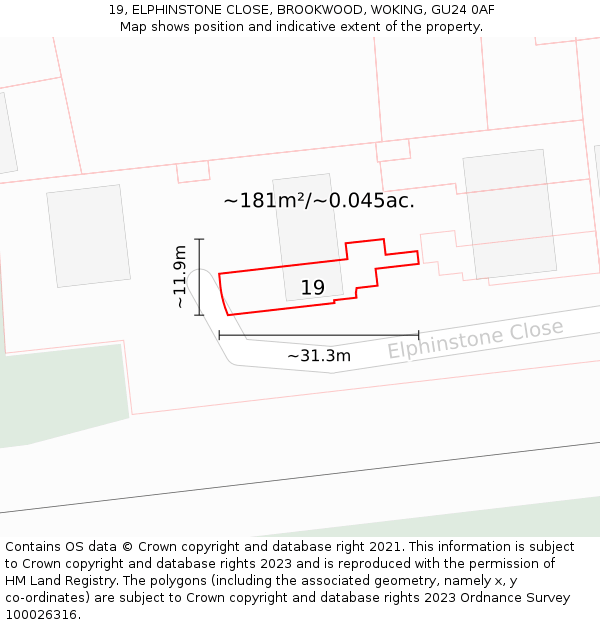 19, ELPHINSTONE CLOSE, BROOKWOOD, WOKING, GU24 0AF: Plot and title map