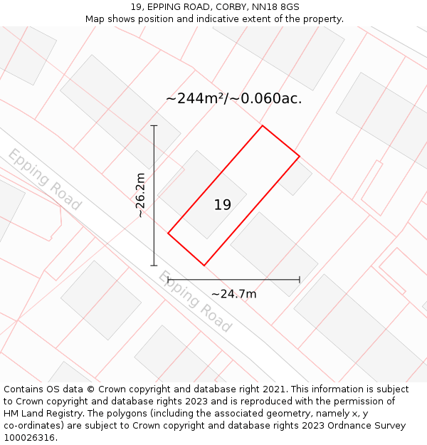 19, EPPING ROAD, CORBY, NN18 8GS: Plot and title map